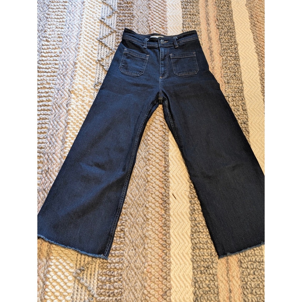 ZARA Marine Straight High Rise Wide Leg Jeans Dark Wash Raw Hem Size 26